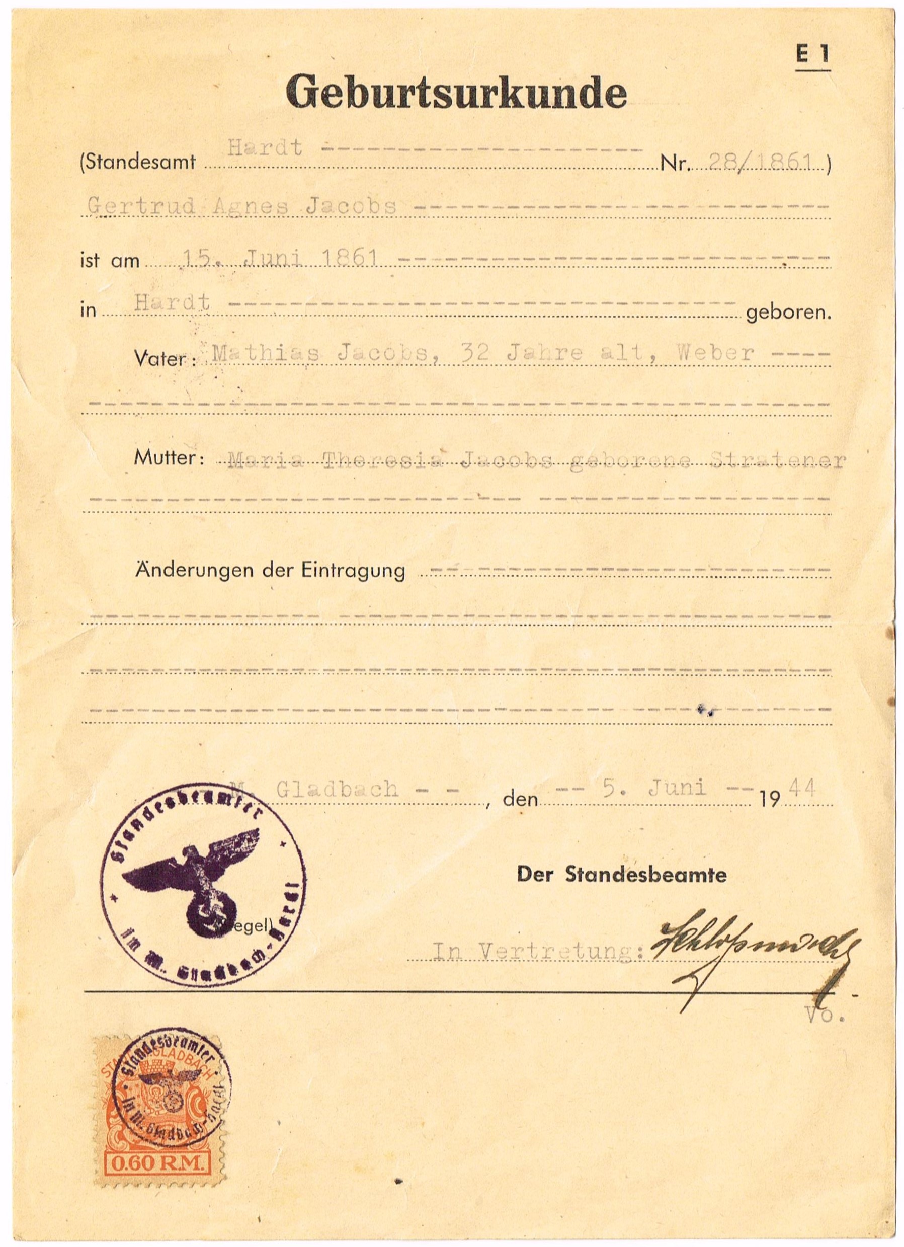 Geburtsurkunde 28/1861